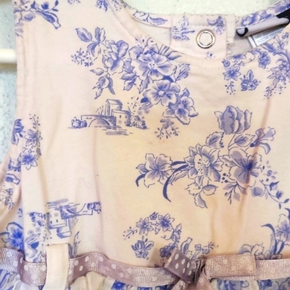 VITAMINS KIDS White and Light Blue Ruffle Romper with Floral/Small Town Patter - Picture 2 of 6